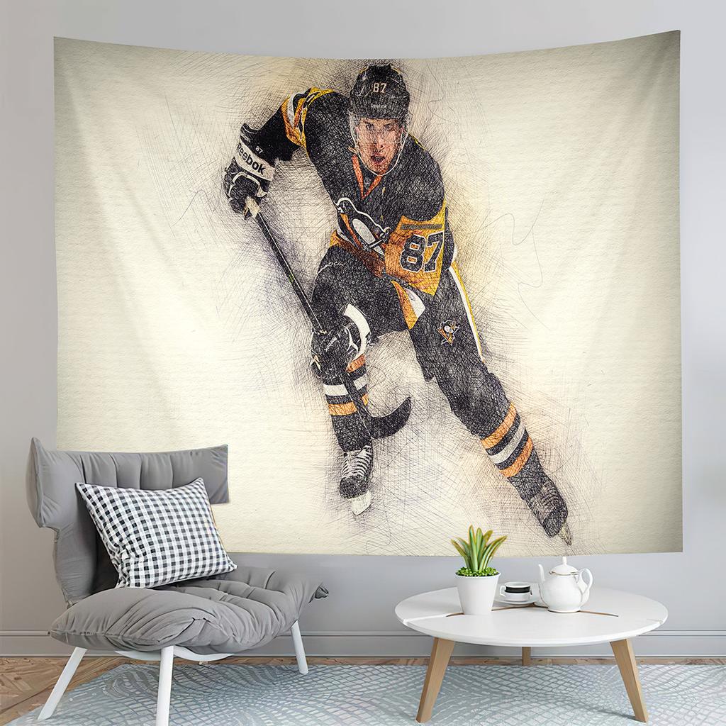 Ice Hockey Player and Puck Tapestry Modern Sport Illustration Tapestry Aesthetic Home Decor Tapestry for Living Room Bedroom