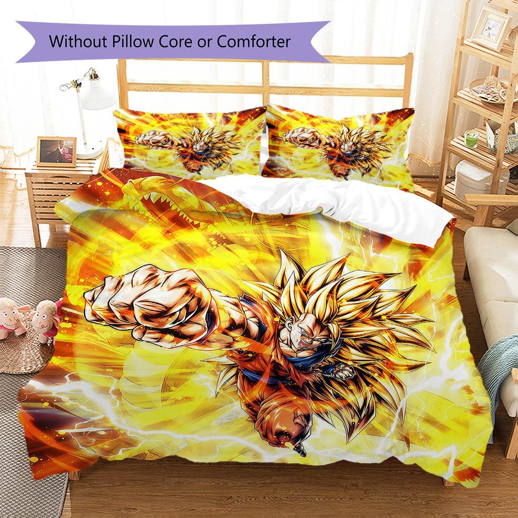 Ropa de cama con estampado de Son Goku, Juego de colcha, Funda de colcha, Funda de almohada, Regalo de cumpleaños para el hogar (1 * funda nórdica + 2 * fundas de almohada, sin núcleo)