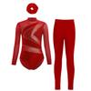 Girls Mesh Long Sleeve Cutout Back Leotard Sparkly Rhinestone Figure Skating Leggings Headband Set