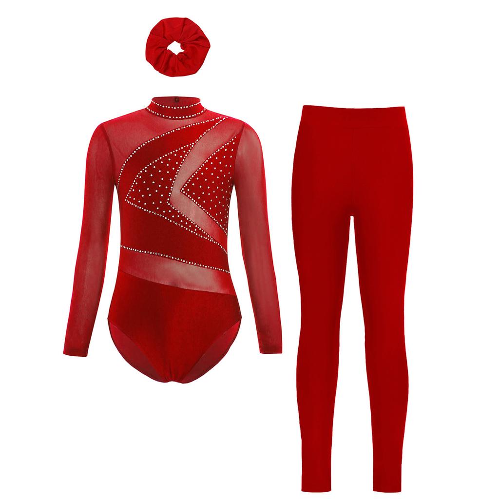 Girls Mesh Long Sleeve Cutout Back Leotard Sparkly Rhinestone Figure Skating Leggings Headband Set