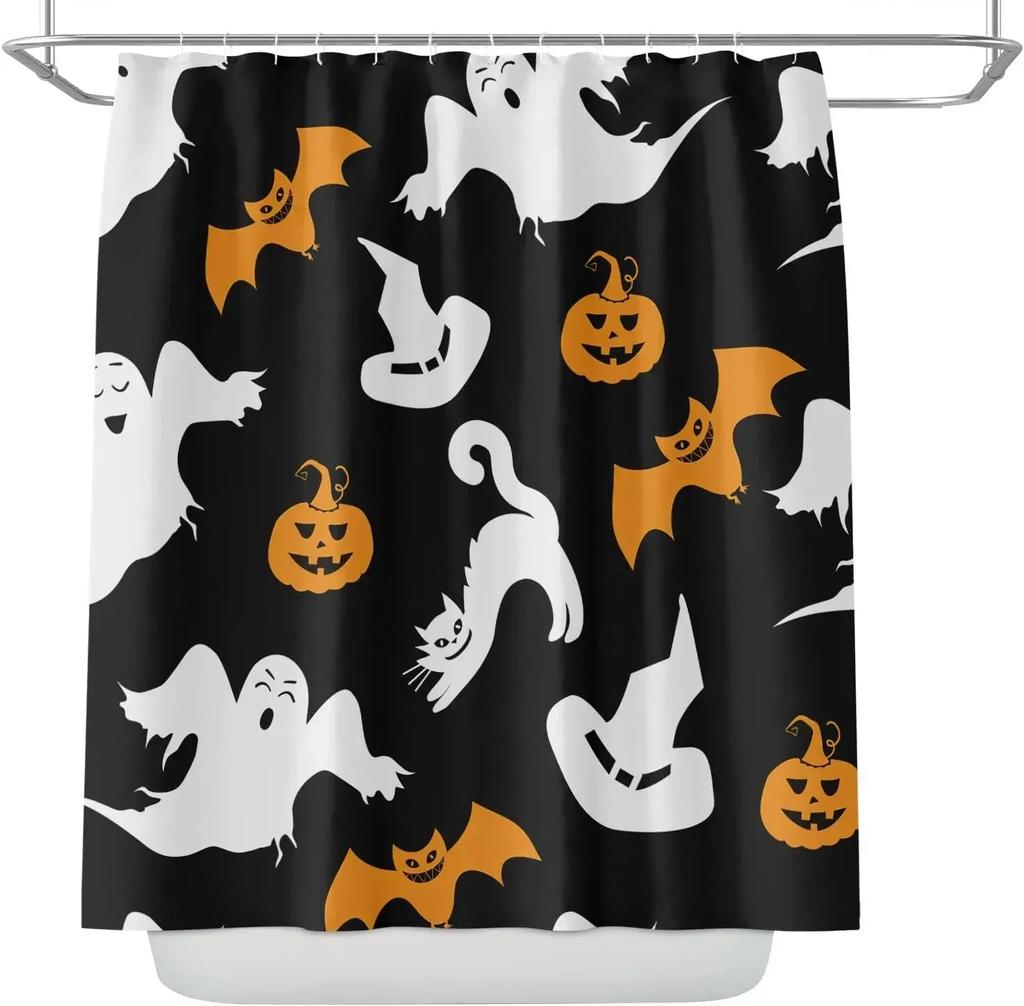 Skull Halloween Shower Curtain Scary Skull Flower Ghost Pumpkin Happy Bathroom Decoration Retro Shower Curtain