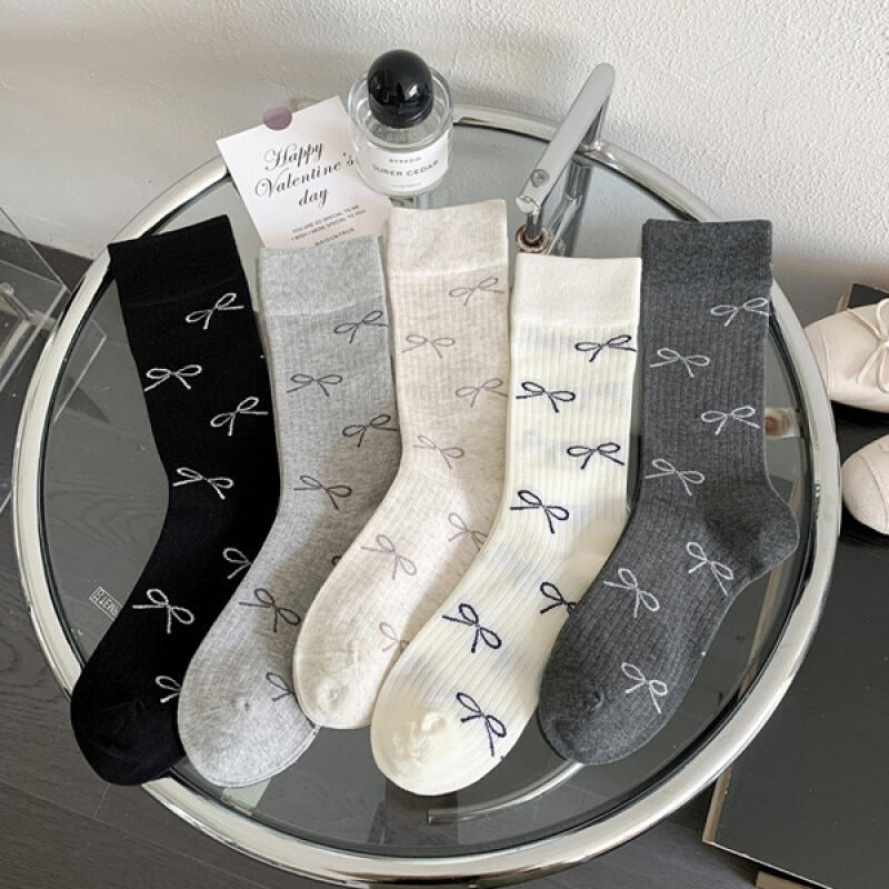 

Shunova All Seasons Ribbon Pattern Lovely Simple Long Socks Jean Gray