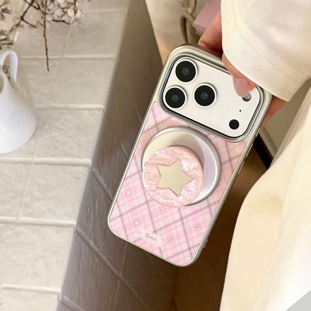 Beimu compatible Apple 17pm phone case with magnetic stand, iPhone 16 pink plaid stars, 14 gold-plated, 15 mirror finish