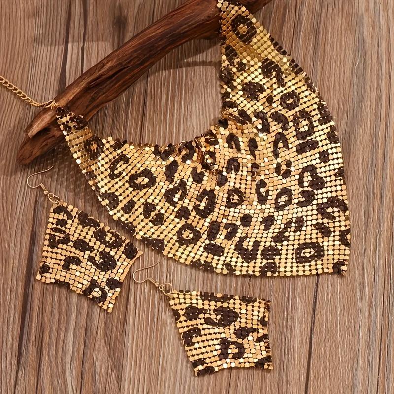 Fashionable Retro Elegant Triangle Scarf, False Collar, Personality Exaggerated Leopard Print Ladies Collarbone Necklace Earrings Set
