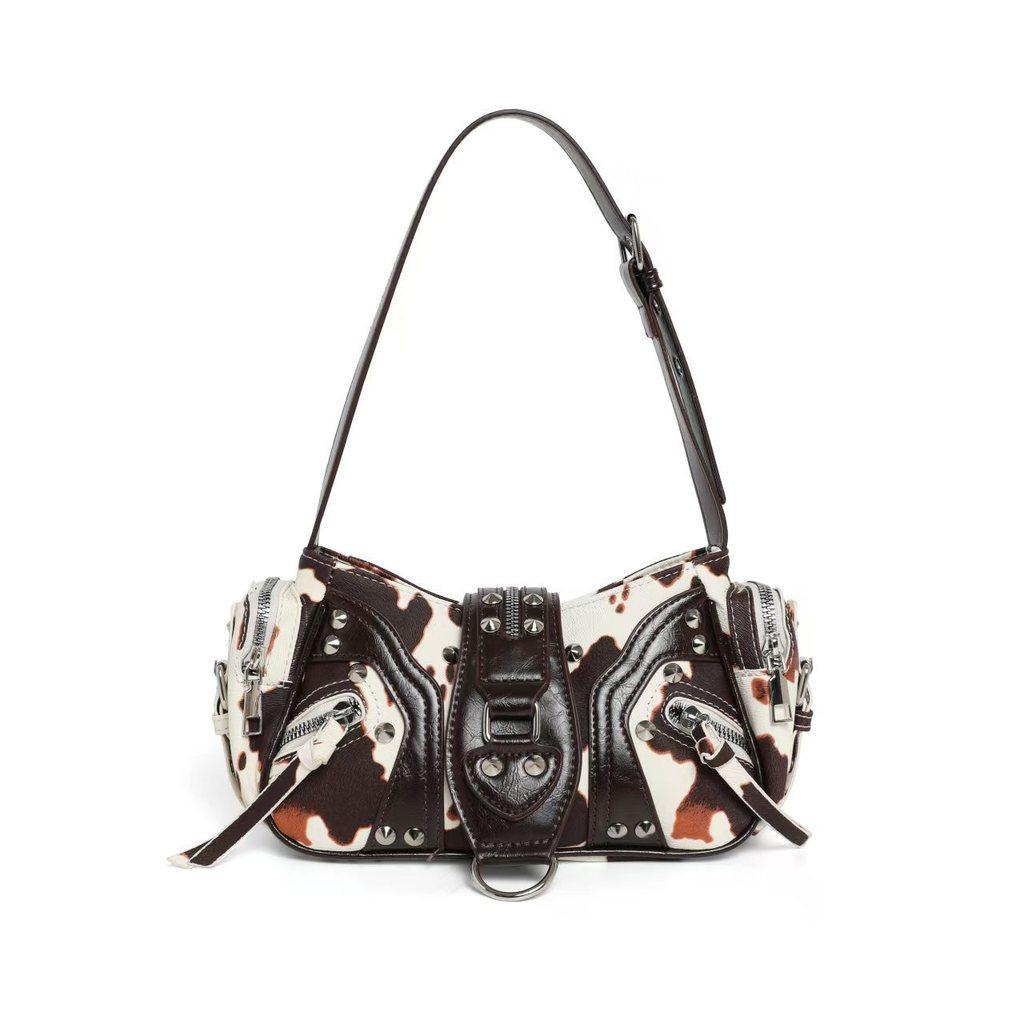 Pu Leather Leopard Print Crossbody Bag With Rivets And Tassels For Daily Use
