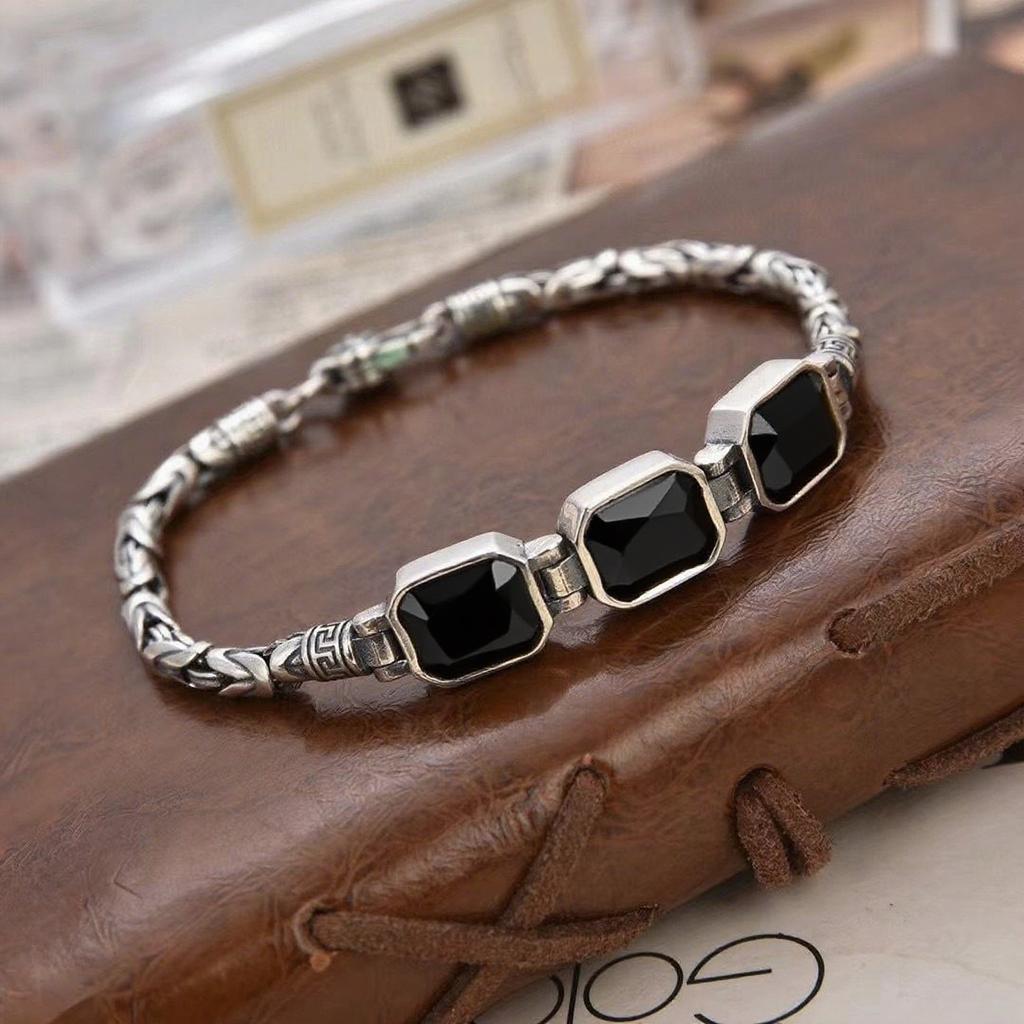 New Chinese Punk Style Men's Bracelet Green Crystals Auspicious Pattern Retro Unisex Fashion Accessory Trendy Streetwear Jewelry