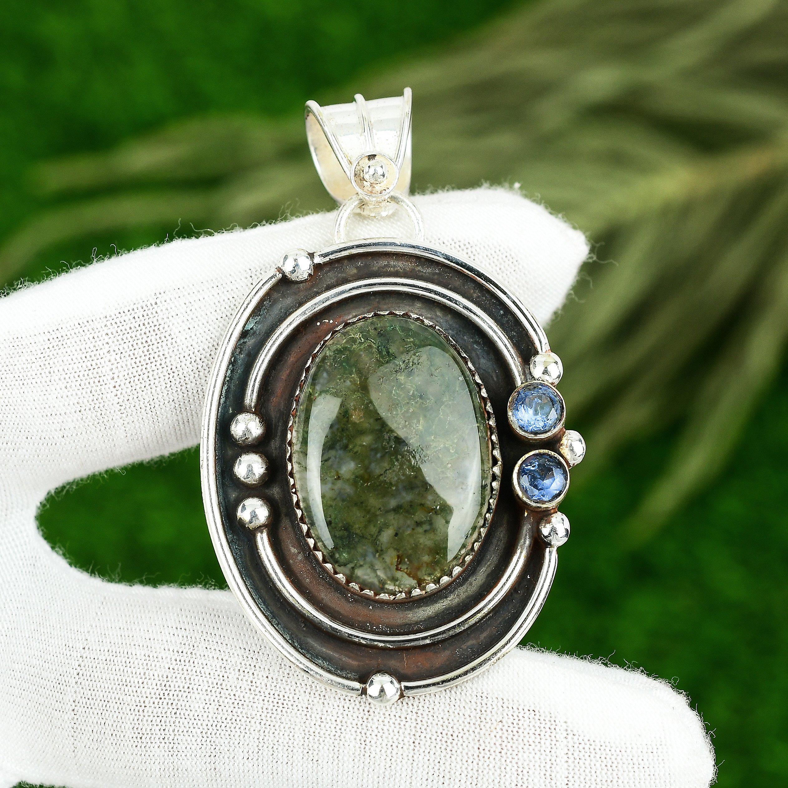 Солнечный Моховой Агат Драгоценный Камень Иолит Ручной Работы Новый Кулон Ювелирные Изделия Стерлинговое Серебро