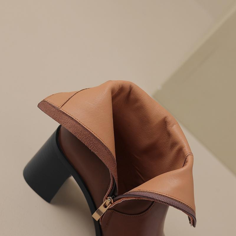 Modne nowe damskie botki Kaky ze szpiczastym noskiem, ze skóry bydlęcej, na wysokim obcasie, krótkie botki, kowbojki i oficerki