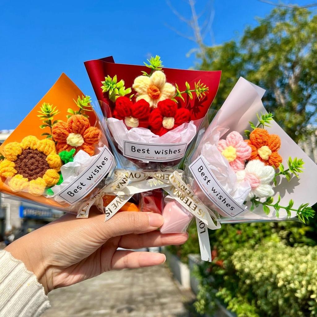 Valentine'S Day Mini Bouquet Artificial Rose Flowers Handmade Crochet Flower Bouquet Christmas Wedding Party Gifts Home Decor
