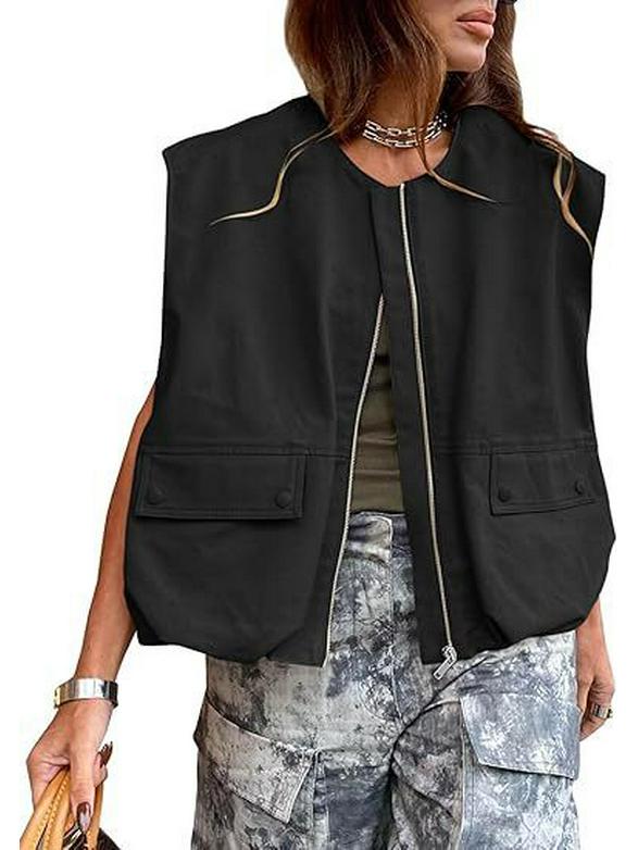 

2026 Women s Sleeveless Loose Pocket Zipper Vest XXL чорний