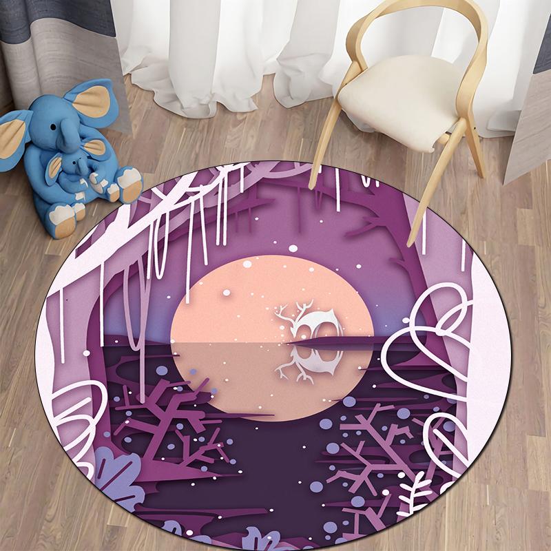 Floor Mat Living Room Rug Children's Crawling Play Area Mat Anime Carpet Door Mat Forest Fawn Round Rug