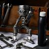 Cyberpunk Style Collectible Mechanical Skull Figurine with Gear Base, Industrial Piston-Head Skeleton Statue Wrench, Gift for Car Lovers Gearheads