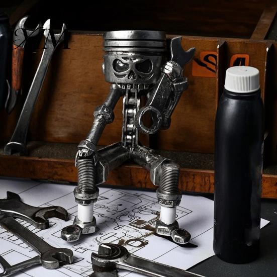 Cyberpunk Style Collectible Mechanical Skull Figurine with Gear Base, Industrial Piston-Head Skeleton Statue Wrench, Gift for Car Lovers Gearheads