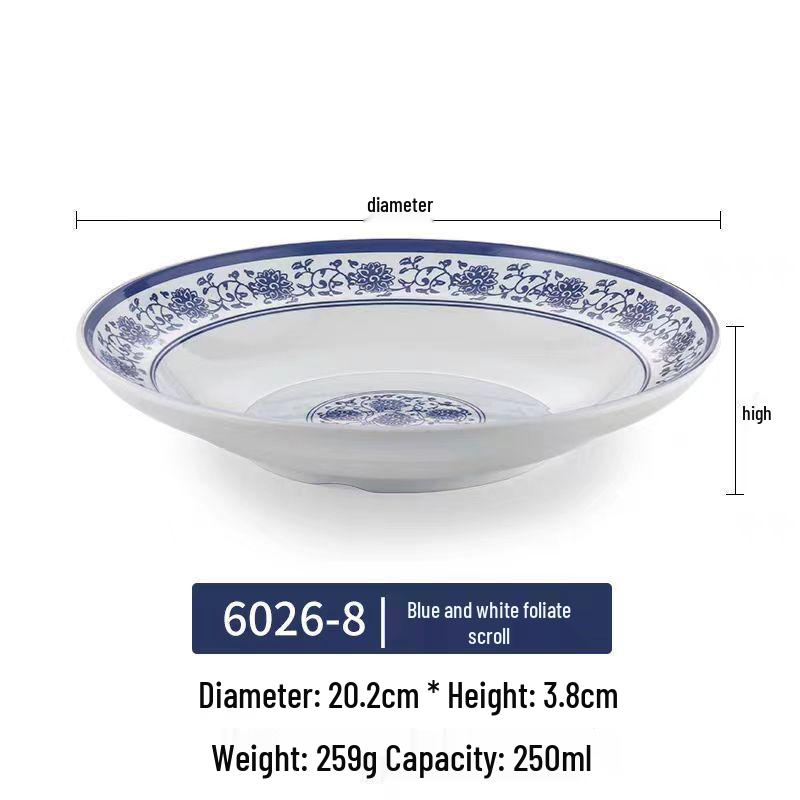 Modrobílý hluboký talíř z melaminu ve stylu porcelánu pro ryby, polévky a komerční použití