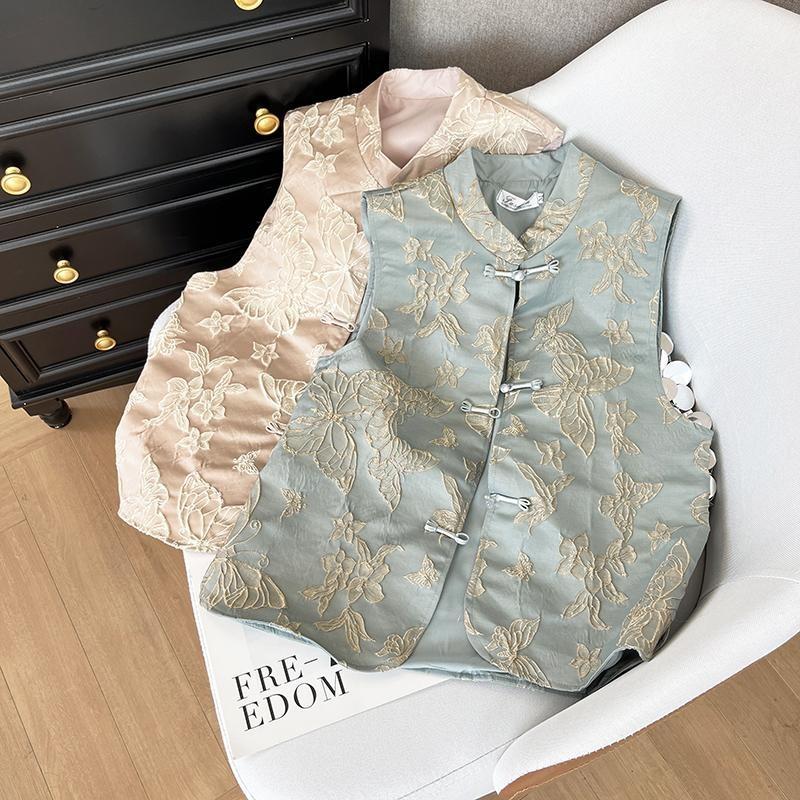 Temperament high-end vest butterfly wind early spring women's embroidery stand-up collar jacquard disc buckle sleeveless