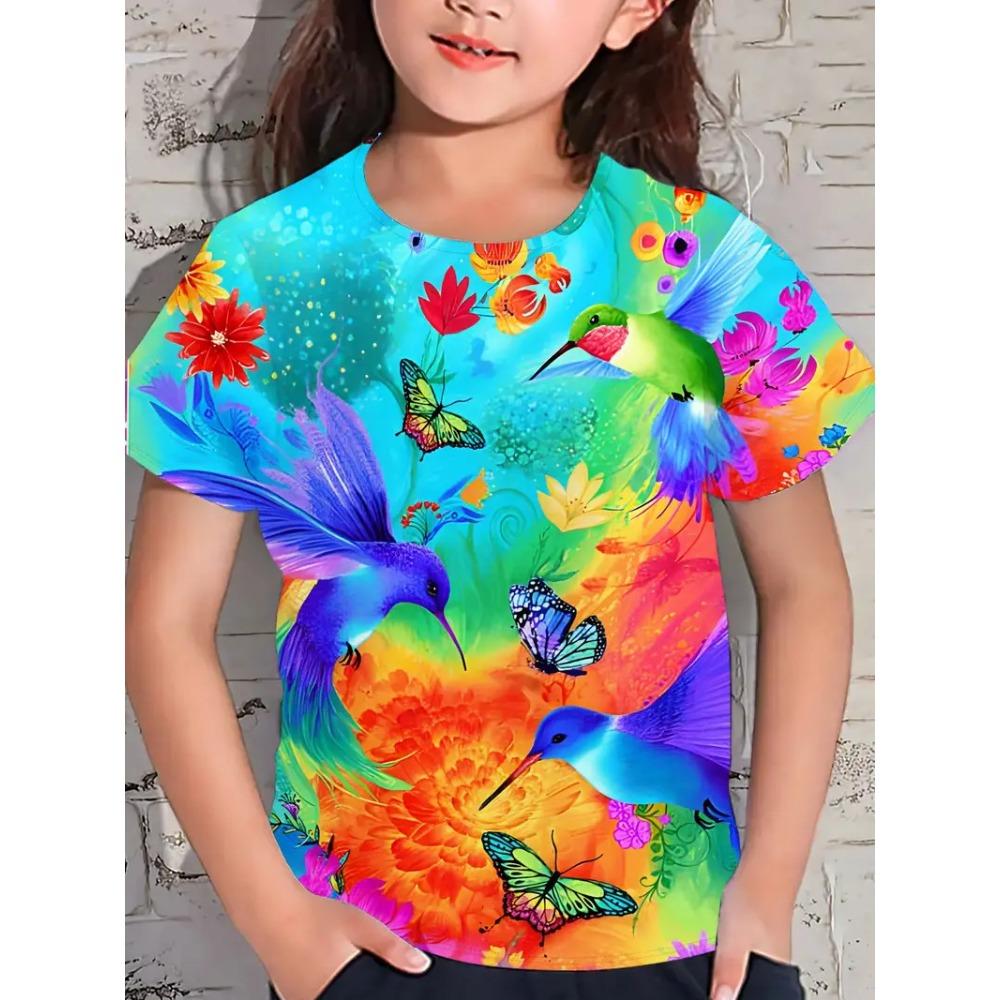 Summer Round Neck 3D Butterfly Pattern Printed Top Fashionable Casual Short Sleeved Children's Girl T-shirts