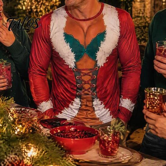 Creative Party Clothes Funny Christmas Shirt, Hilarious 3D Fake Corset Chest Print Crew Neck Shirt Pullover Top, Novelty Long Sleeve Festival Costume