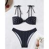 Mini-Bikini mit Punktmuster, Neckholder-Top, Bandagen-Tanga-Bikini-Set, Push-up-Effekt, sexy Badeanzüge für Damen