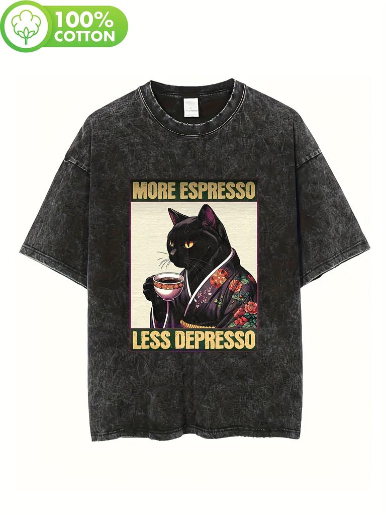 100% Cotton Vintage-Inspired T-Shirt with Funny Cat Drinking Coffee Graphic, Black Washed Denim Look, Casual Round Neck Tee for