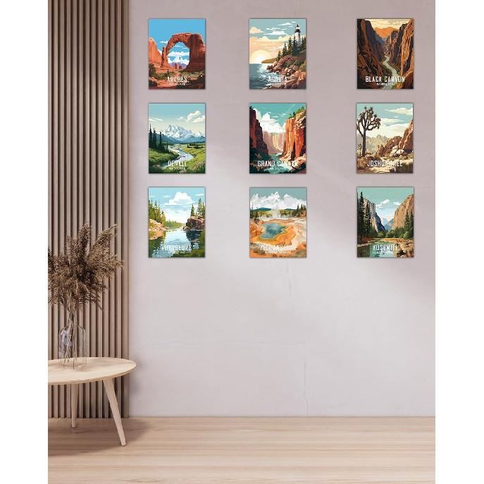 Nilem Design Retro National Park Posters Set of 9 – 8x10 Illustrated Wall Art Prints – Unframed Vintage-Style Nature Decor for Living Room,