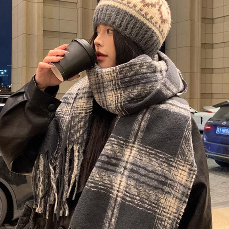 New Knitted Vintage Scarf Headscarf Winter Women Men Plaid Tassel Warm Scarve Pashmina Mujer Femme Male Pareo Wrap Shawl Unisex