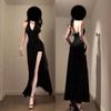 Summer French-Style Red Dress for Women, Slim-Fit Gown with a Flattering Waist, Elegant Slit Dress, Long Dress