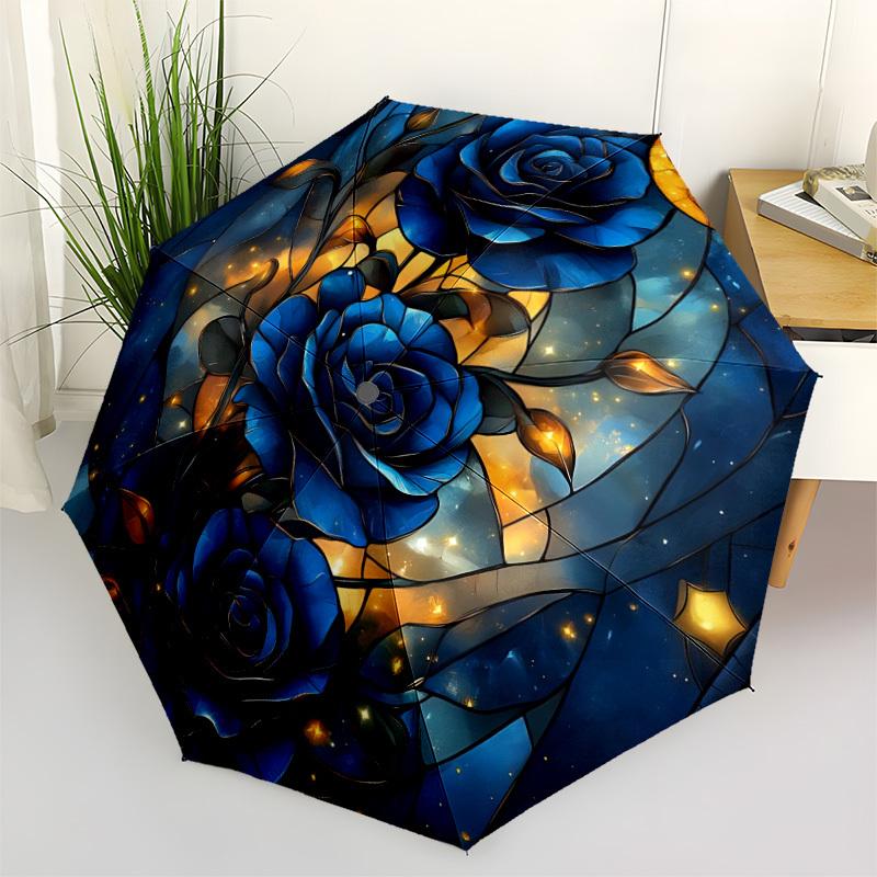 1pc Stained Glass Roses Automatic Open/Close Umbrella Compact Folding Umbrella, All-Season Portable Umbrella for Women/Men F1124089