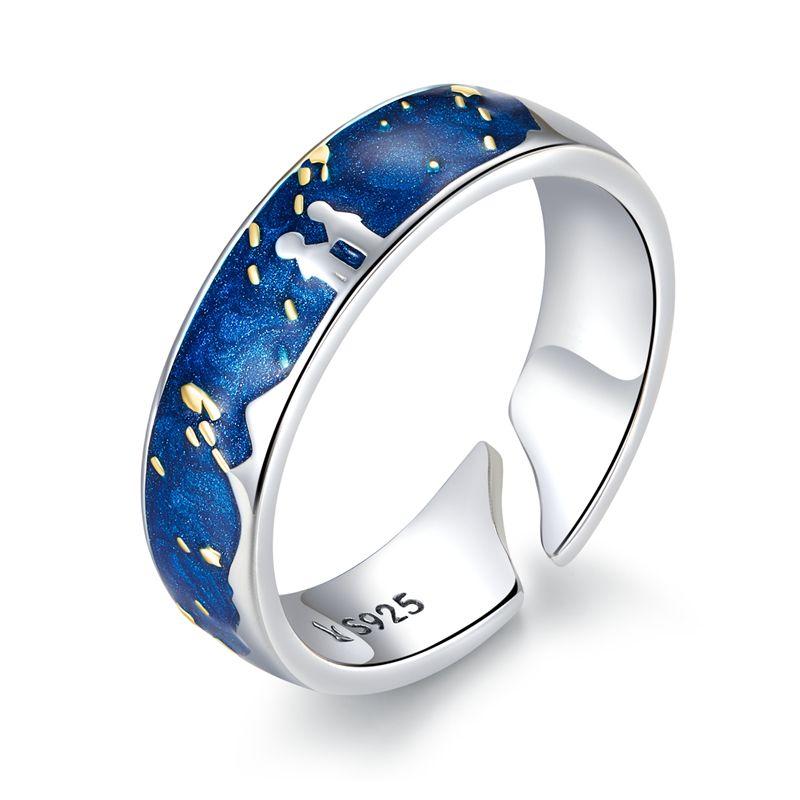 BAMOER Silver 925 Lover Rings for Couple Blue Starry Sky of Van Gogh Open Finger Ring Design Jewelry Accessories SCR608