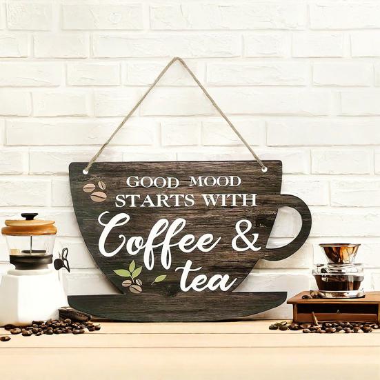 Wooden Coffee Cup Hanging Sign Good Mood Starts with Coffee Tea Door Plaque Kitchen Cafe Coffee Corner Wall Hanging Decoration Ornament