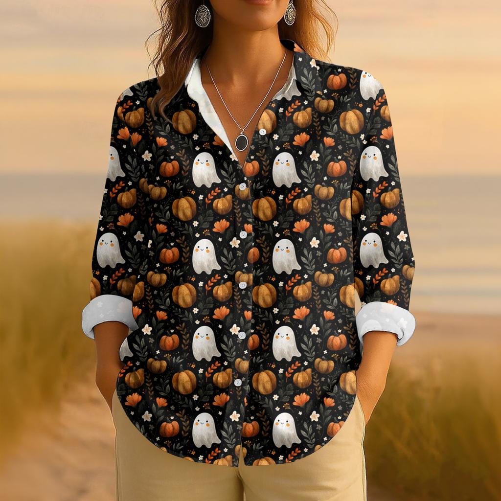 Dámská retro halloweenská potištěná košile s dlouhým rukávem na knoflíky, ležérní top s klasickým límečkem
