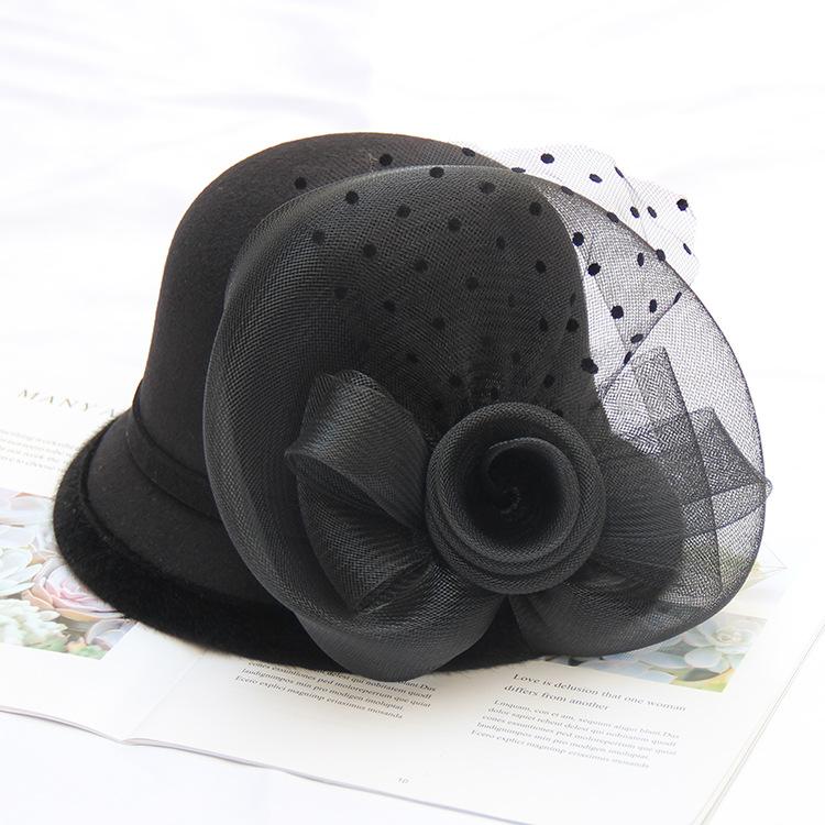 Autumn And Winter Woolen Hat Mesh Flower Women Versatile Basin Hat Bucket Hat British Retro Wedding Fashion Top Hat