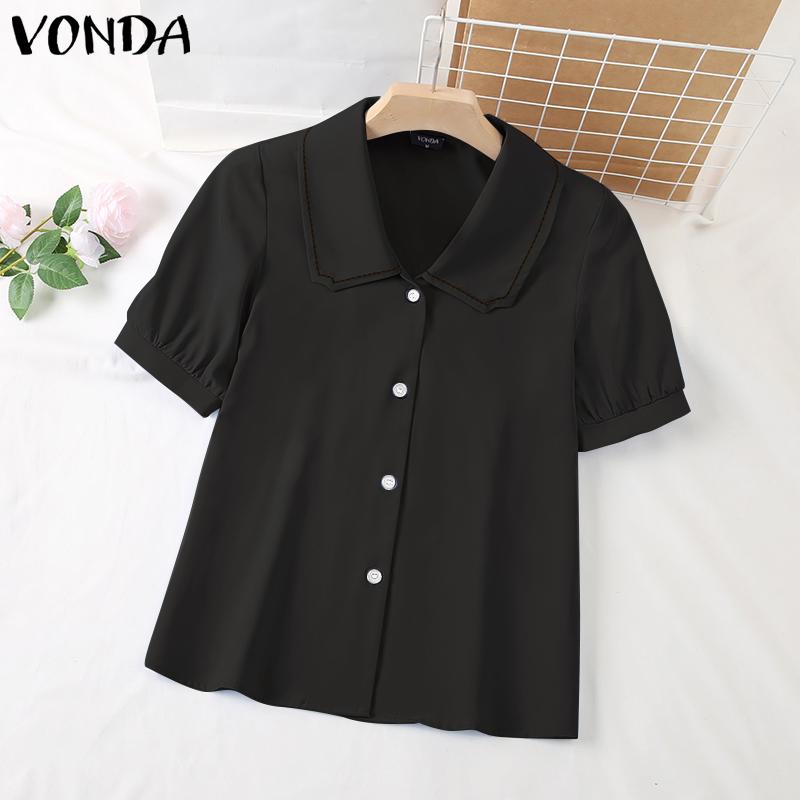 

VONDA женская летняя однотонная свободная рубашка с короткими рукавами и пуговицами с лацканами