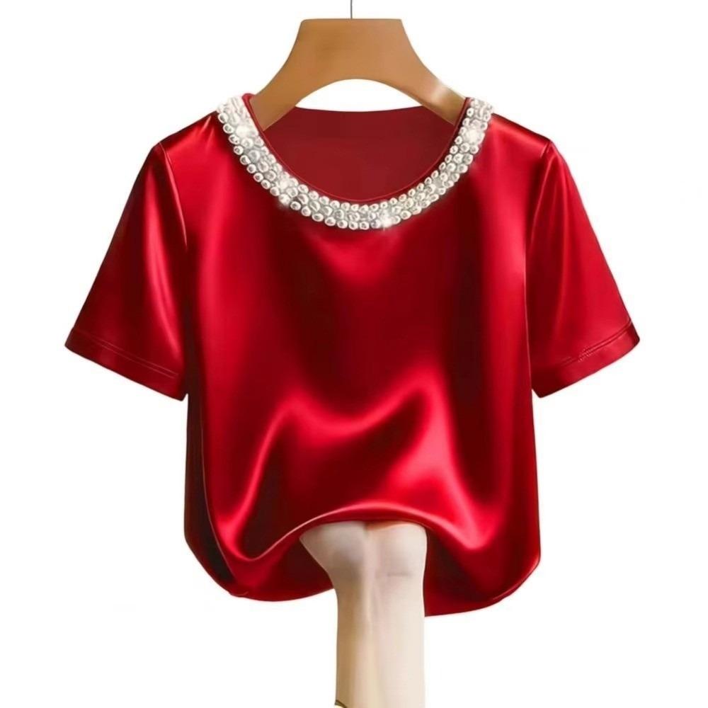 

Элегантная атласная шелковая футболка в французском стиле женские топы удобный топ с коротким рукавом женский XL красный