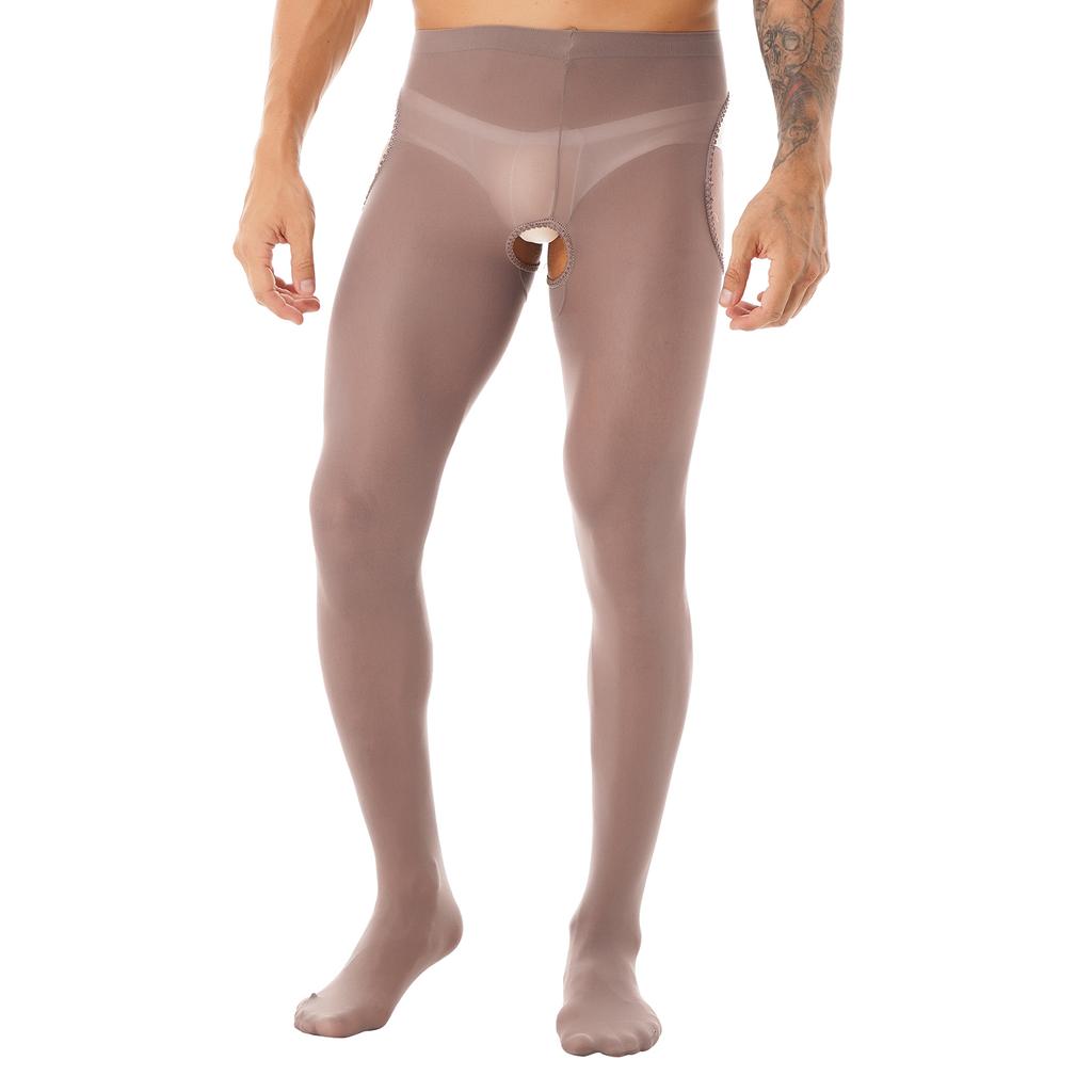 Men's Lace Trimming Pantyhose Open Crotch Long Pants Tights Leggings
