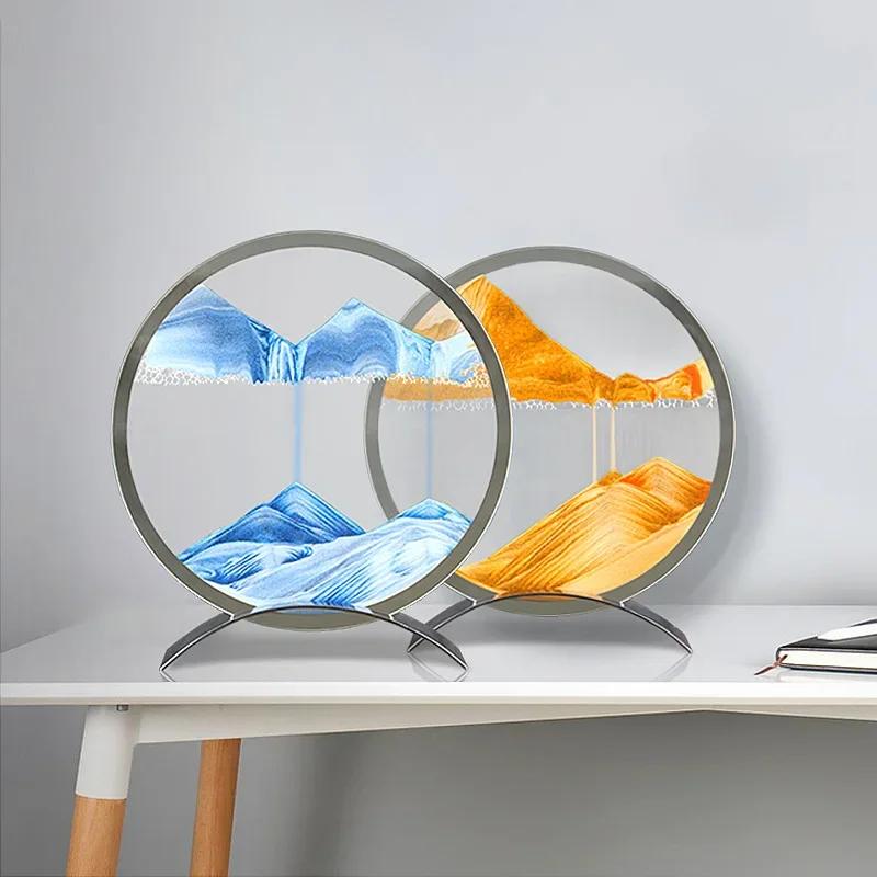 Sandscape Moving Sand Art Picture Round Glass Quicksand Hourglass Metal Base 3D Deep Sea Flowing Sand Painting Home Decor Gifts