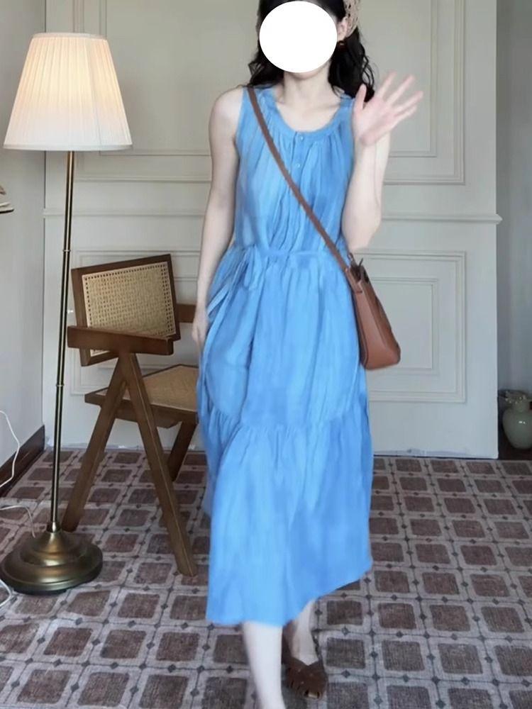 

Платье-майка без рукавов голубого цвета нишевого дизайна - Женский летний стиль 2025, французский стиль для отдыха Large синий