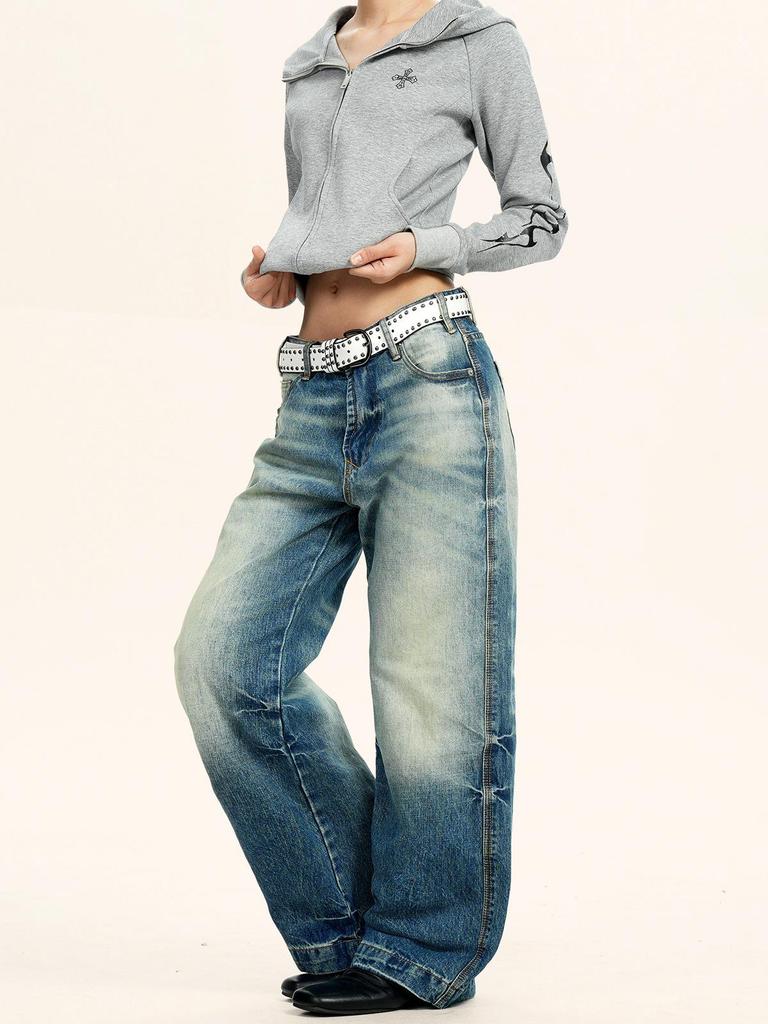Yongfang American Retro Deep Blue Jeans: Unisex Casual Loose Fit, Cat Whiskers Design, Wide Leg, Straight Long Pants.