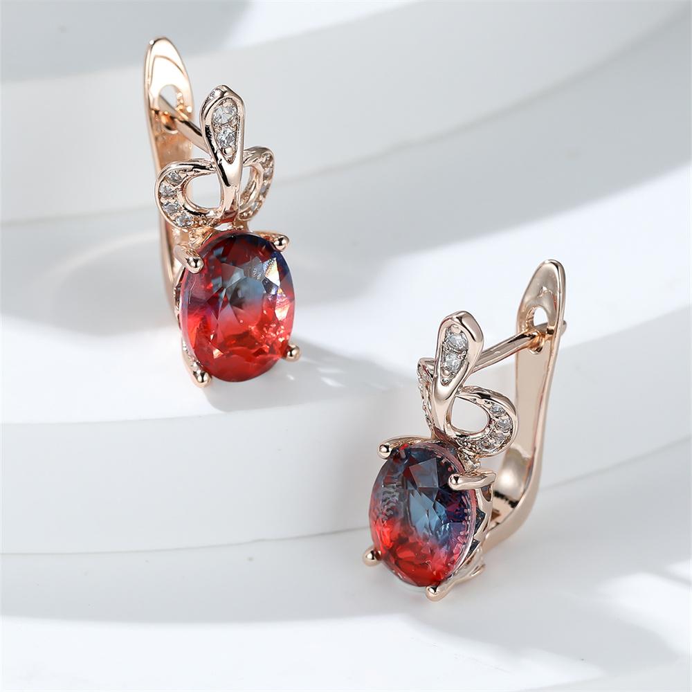 Oval Stone Rose Red Blue Crystal Zircon Hoop Earrings For Women Vintage Gold Color Ear Buckle Bridal Wedding Jewelry Party Gifts