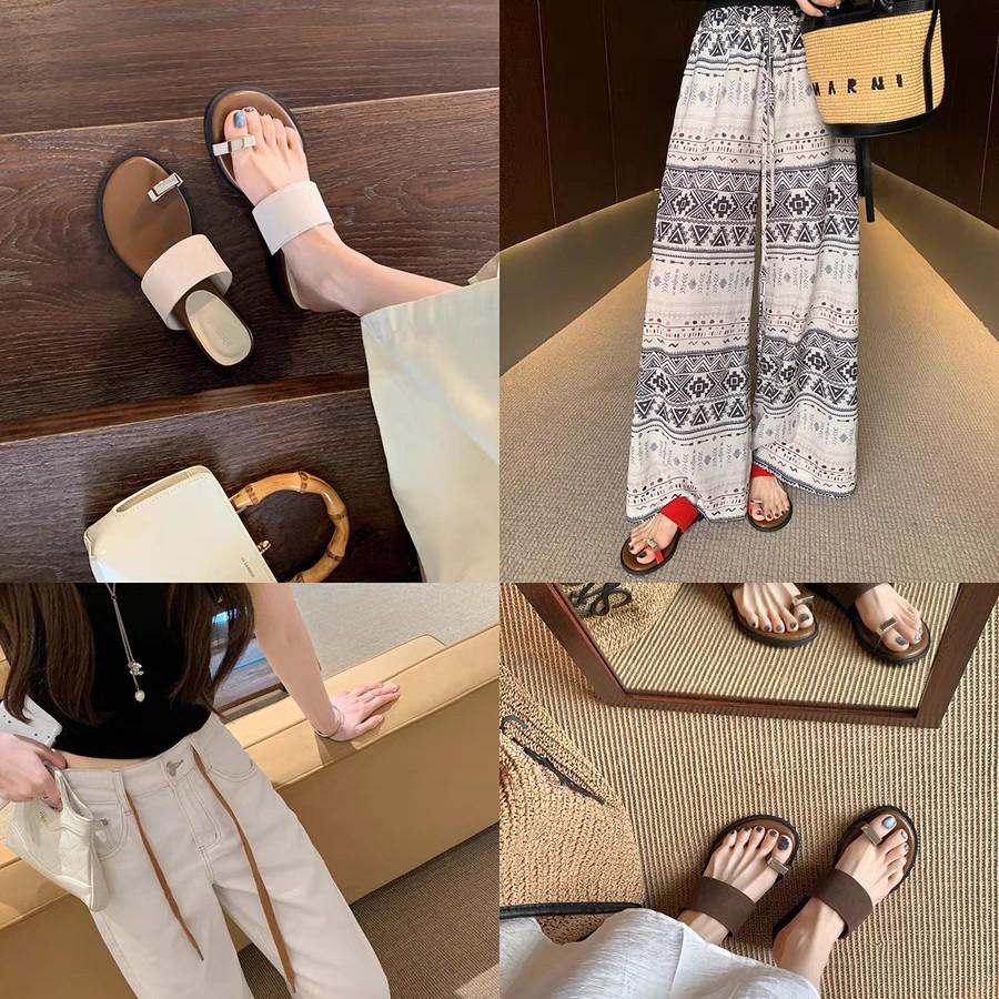Grape Mother Studiolee Leather Version Increased Height by 4cm~ One-word Belt Outer Wear Cover Toe Herringbone Flat Bottom Toe Slippers
