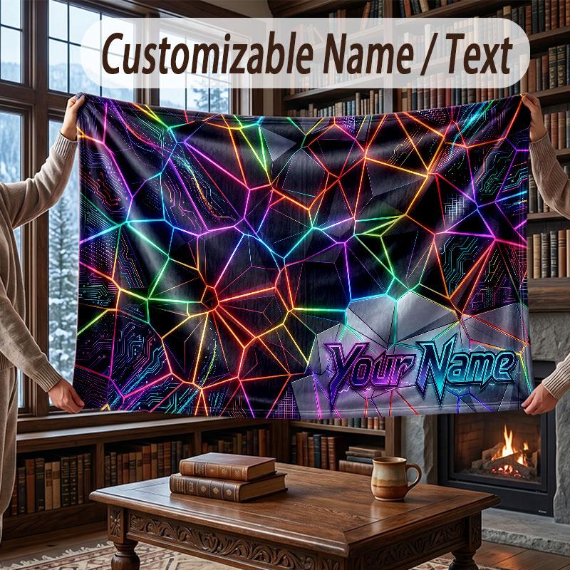 Abstract Geometric Theme Throw Blanket Custom Name Text Personalized Blanket Soft Cozy Blanket for Home Sofa Bed