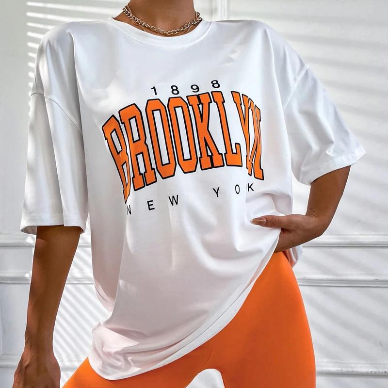 Summer Women T Shirt 1898 Brooklyn York Letter Print Tops Tee Black Female T-shirt 90s Graphic Tee Female Cute Tops Y2k Tee