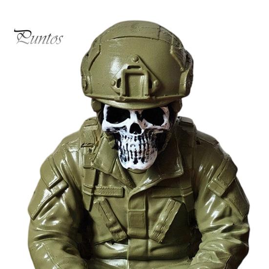 Dark Style Interior Decor Halloween Skeleton Ornament, Policeman/Military Resin Gothic Skull Figurine, Creative Crafts Sitting Pose Sculpture