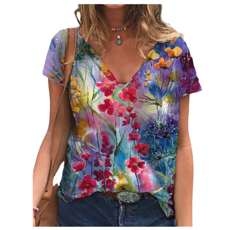 Women's Summer Trend Top Printed V-neck Fashion Short Sleeved T-shirt