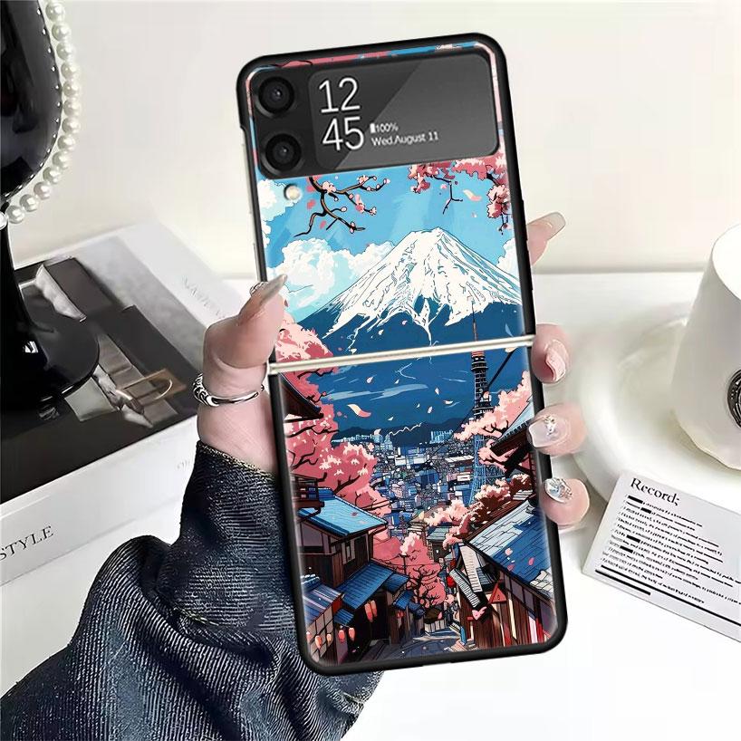 Japanese Cherry Mount Fuji Cases For Samsung Galaxy Z Flip 4 5 6 7 3 Z Flip7 Flip6 Flip4 Flip5 Flip3 5G Hard Shockproof Fundas C