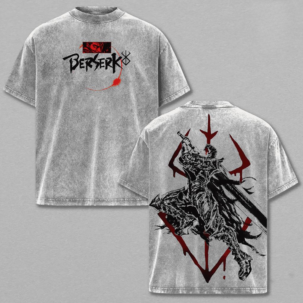 Vintage Washed Berserk Guts Manga T-shirt For Men Clothing Anime Loose T Shirt Summer Fashion Short Sleeve 100%Cotton Tees Tops