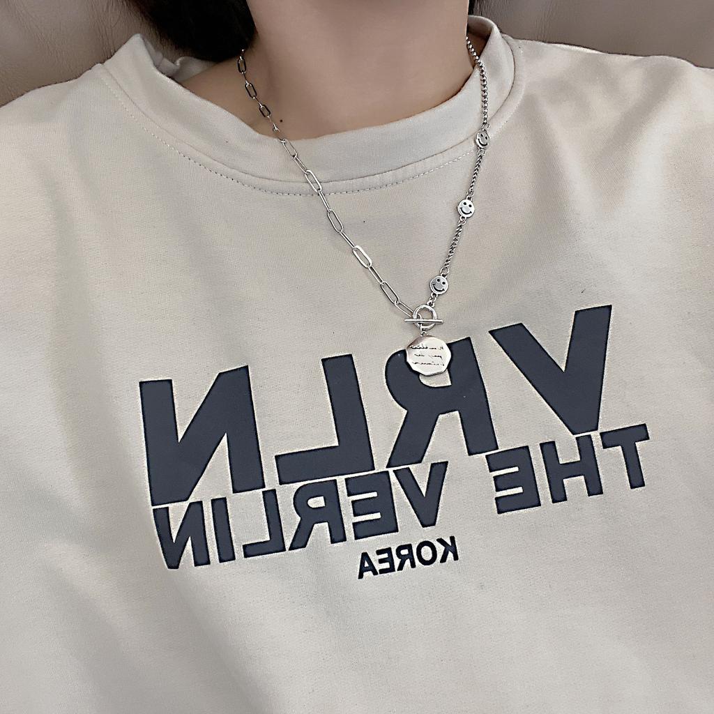 Thai Silver Square Brand Ot Buckle Versatile Hip-Hop Smiley Face Necklace Female Simple Sweet Cool Wind Sweater Chain