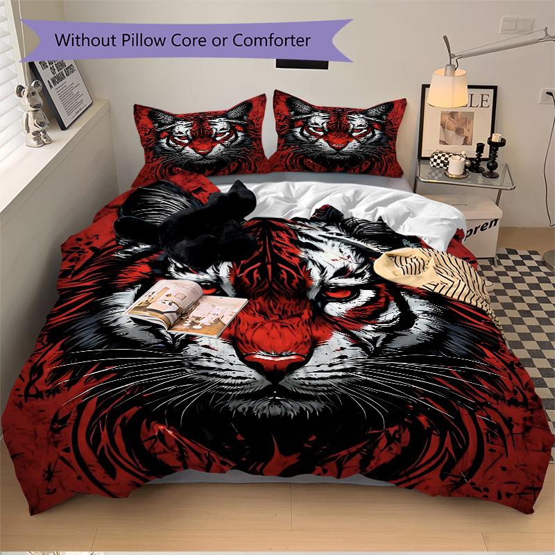 3pcs Red and Black Tiger Print Bedding Set (1 Cover + 2 Pillowcases, Without Inserts), This Printed Bedding Set is Soft and