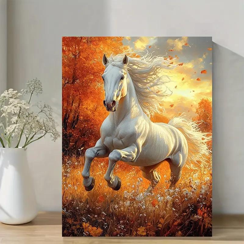 White Horse Wild Flowers Canvas Wall Art - Galloping White Horse in Autumn Landscape Painting, 21X30CMNo Framed