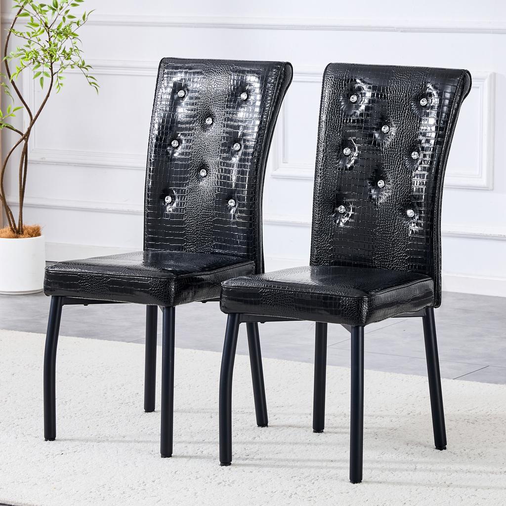 A Set of 2 Black Vintage Crocodile Leather Upholstered Dining Chairs, with Crystal Buckle and Faux Leather, Add Elegance and Mystery To Dining Area
