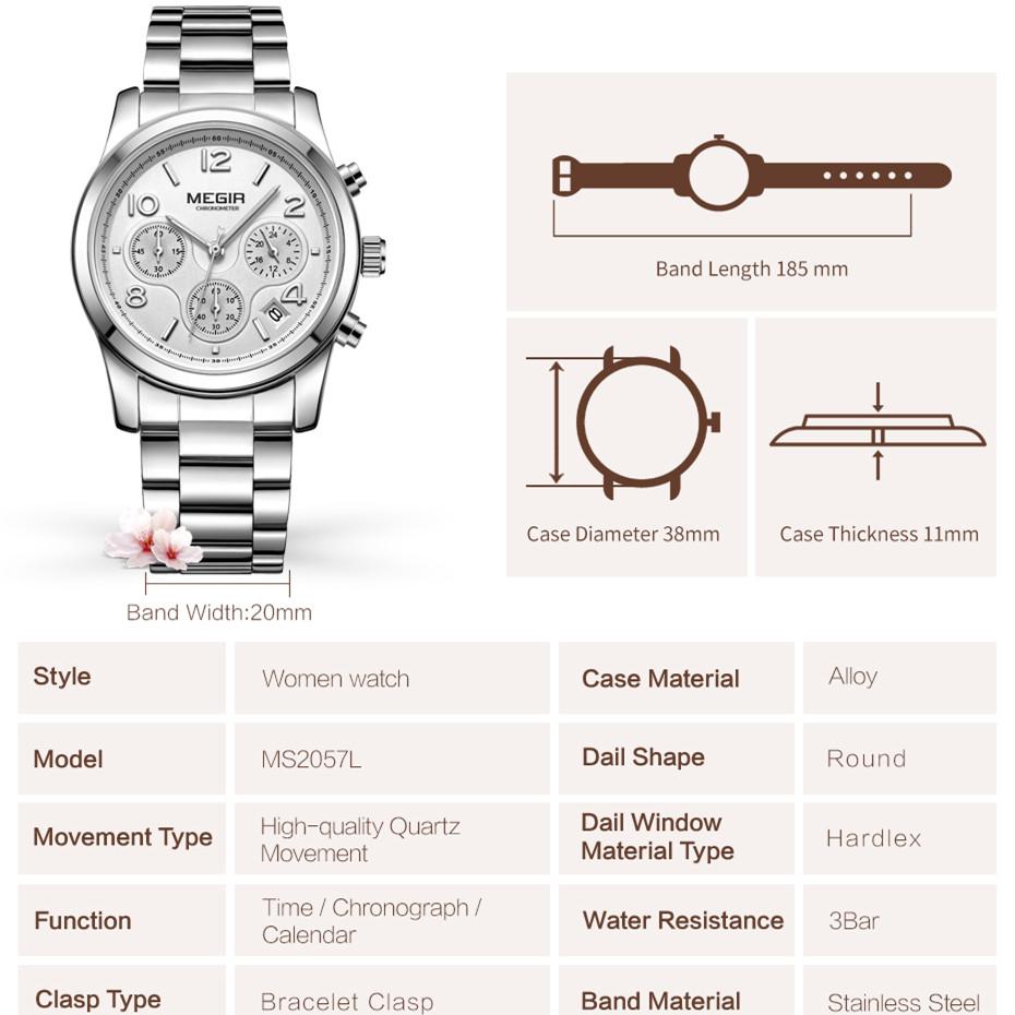 MEGIR Luxury Women Watch Fashion Brand Quartz Chronograph Elegant Ladies Wristwatch Stainless Steel Waterproof Dress Clock 2057